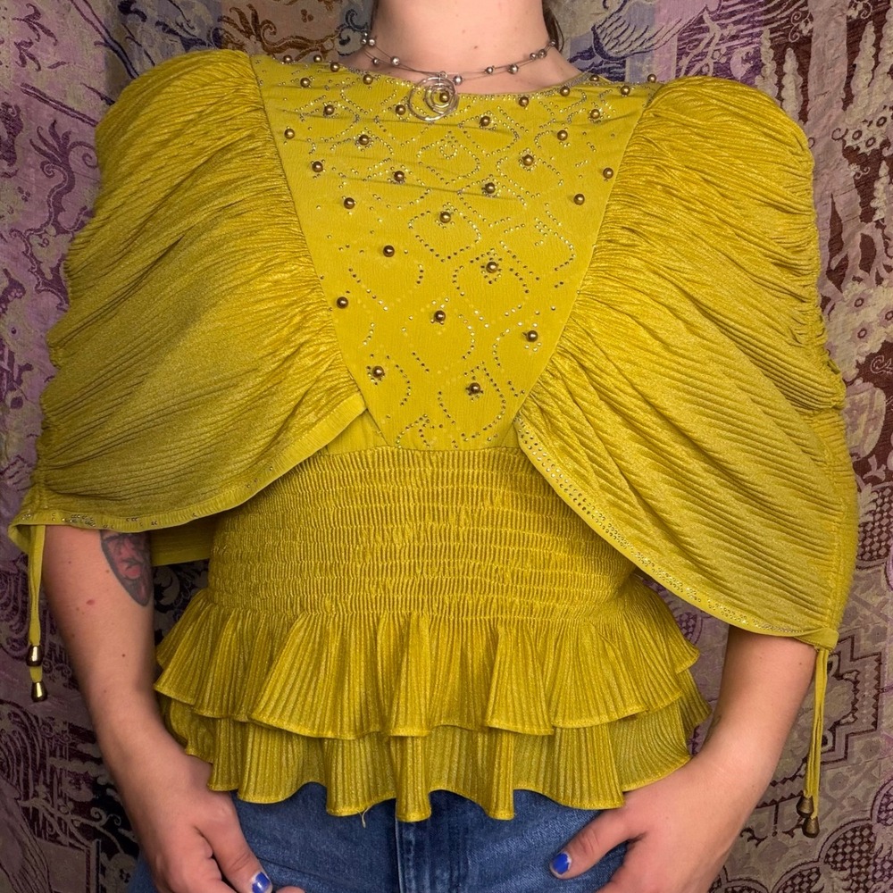 Chartreuse Gold Unique Beaded Whimsy Fairy Bohemian Chic Women's Top Size M - Picture 14 of 16